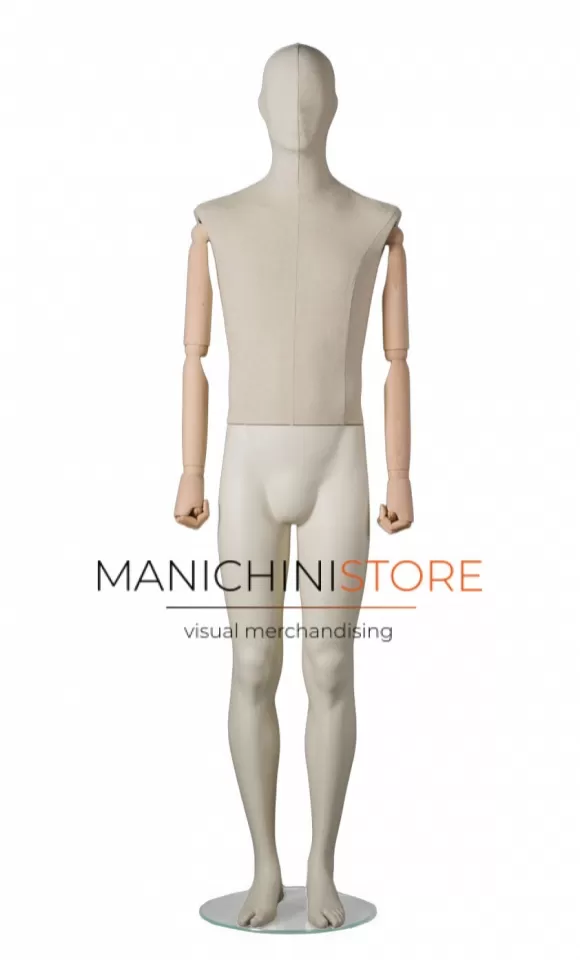 Manichino uomo Collezione ABSolute in ABS con busto e testa rivestiti e braccia legno