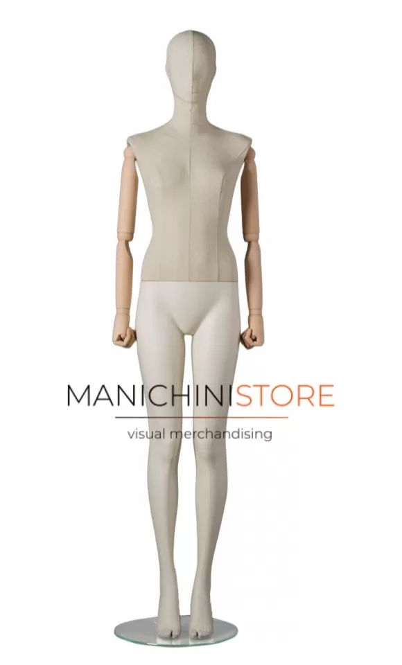 Manichino donna Collezione ABSolute in ABS con busto e testa rivestiti e braccia legno