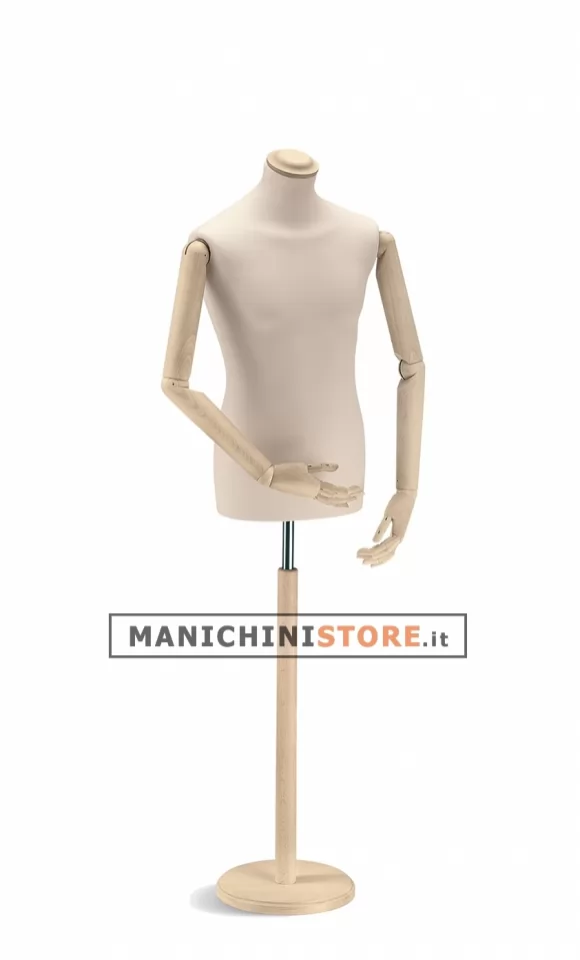 Busto uomo in tessuto avorio con braccia in legno