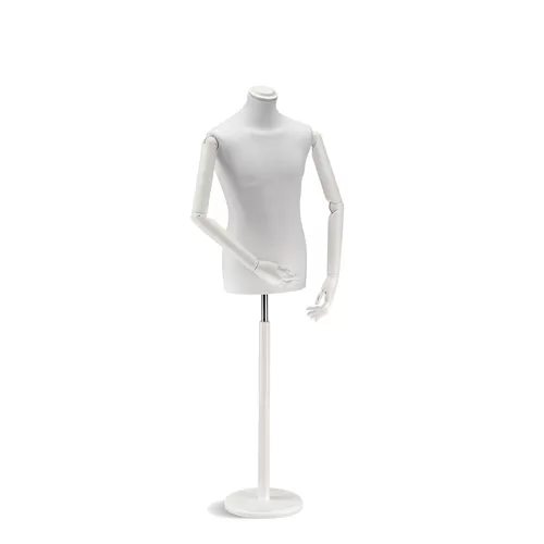 Busto uomo in tessuto bianco con braccia in legno