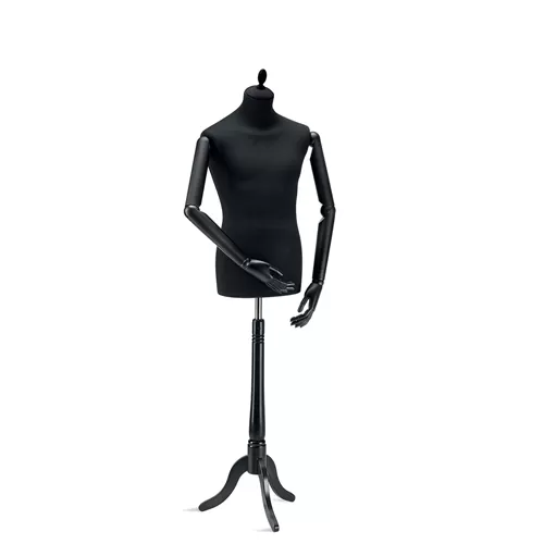 Busto uomo in tessuto nero con braccia in legno