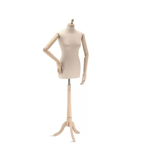 Busto donna in tessuto avorio con braccia in legno e treppiede
