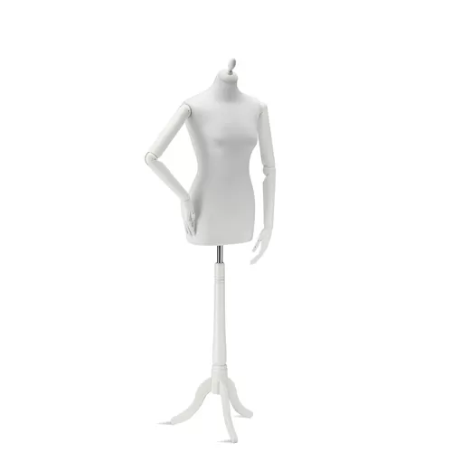Busto donna in tessuto bianco con braccia in legno e treppiede