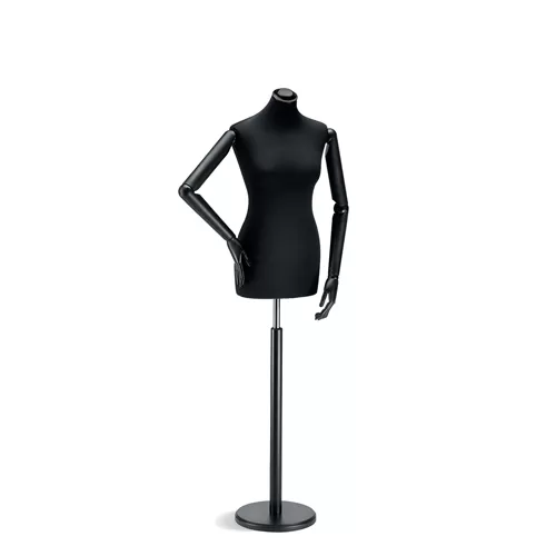 Busto donna in tessuto nero con braccia in legno