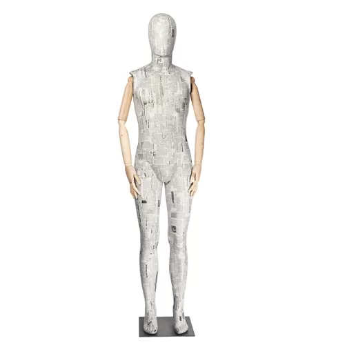 Manichino uomo braccia legno rivestito in cartapesta giornale