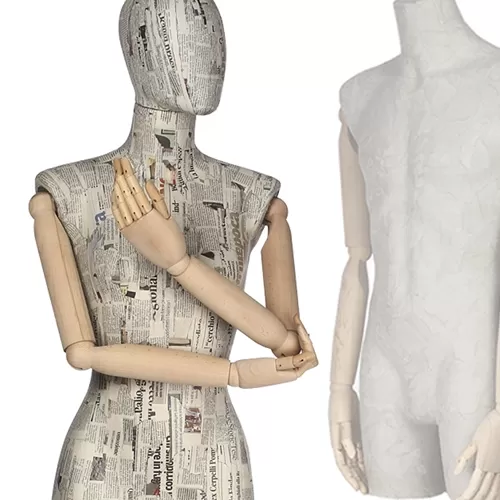 Busto donna braccia legno rivestito in cartapesta giornale