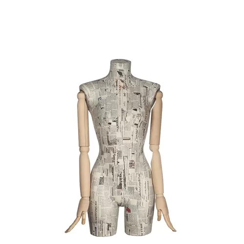 Busto donna braccia legno rivestito in cartapesta giornale