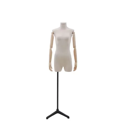 Busto donna senza testa in tessuto con braccia in legno e mezze gambe