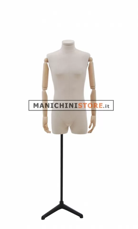 Busto uomo senza testa in tessuto con braccia in legno e mezze gambe