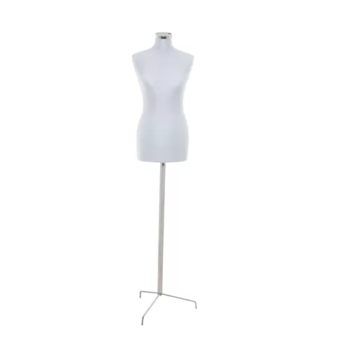 Busto donna in tessuto grigio perla con base treppiede inox