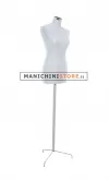 Busto donna in tessuto grigio perla con base treppiede inox