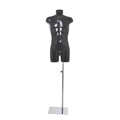Busto manichino uomo in plastica nera con base cromata