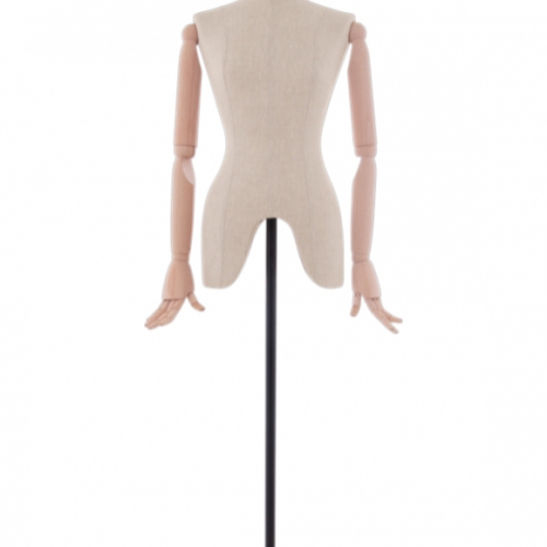 Linen female bust with wooden arms and knob terminal