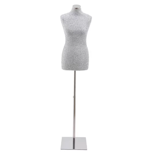 Busto donna in tessuto argento con base inox cromata