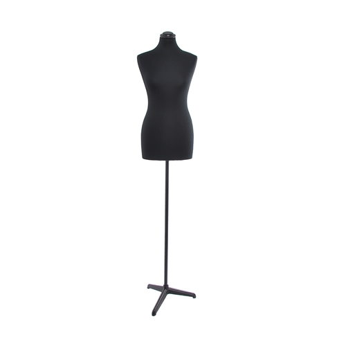 Black fabric female bust with black tripod base