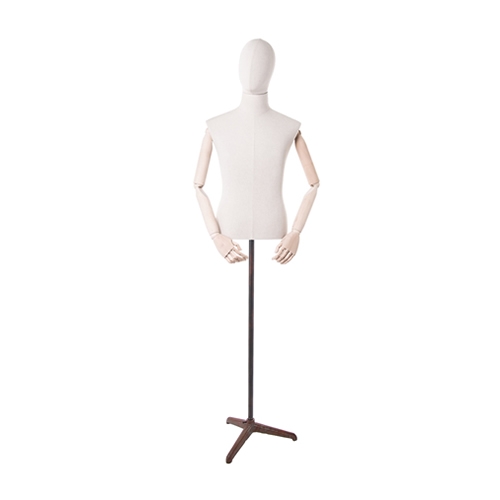Busto uomo in tessuto con braccia in legno base vintage