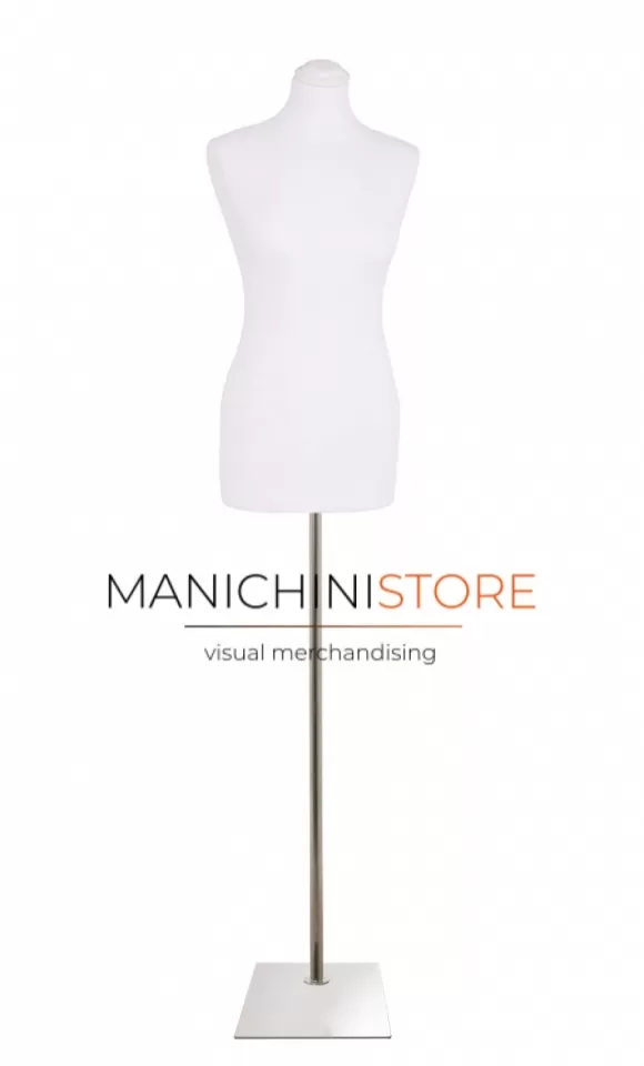 Busto donna in tessuto bianco con base rettangolare cromata