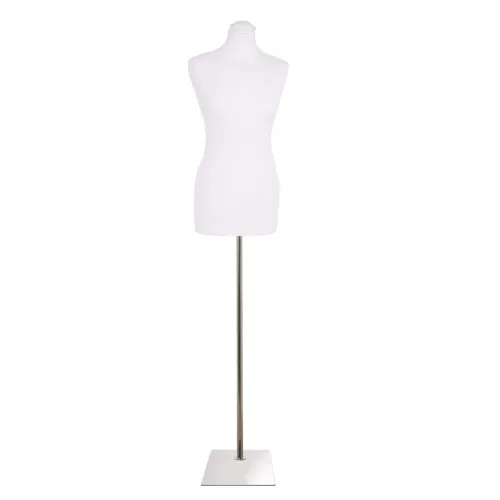 Busto donna in tessuto bianco con base rettangolare cromata