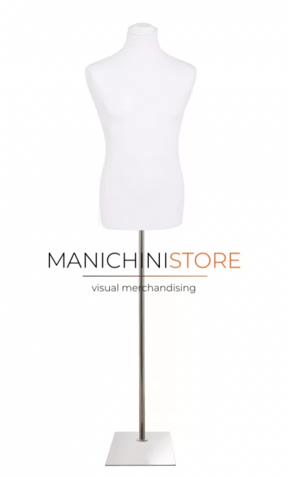 Busto uomo in tessuto bianco con base rettangolare cromata