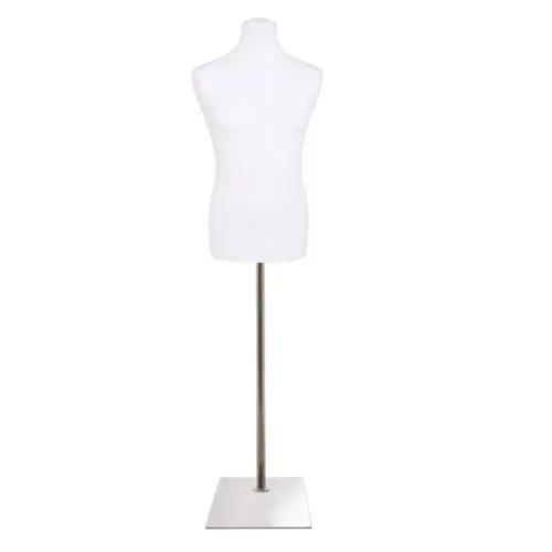 Busto uomo in tessuto bianco con base rettangolare cromata