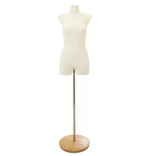 Busto donna in tessuto avorio con base tonda in legno