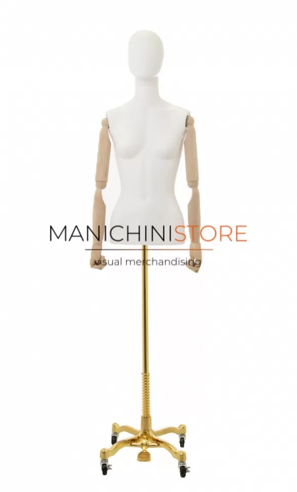 Busto donna con braccia legno e base worker oro