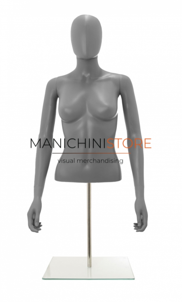 Busto donna grigio con testa, braccia e base da banco 