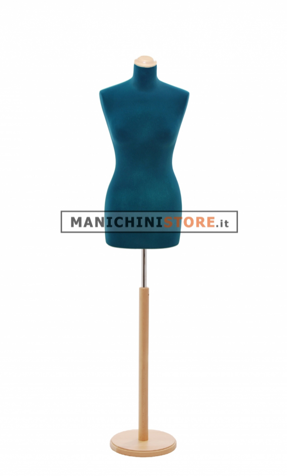Female tailor bust in blue velvet with round ash tree base