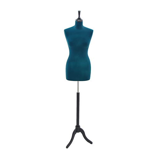 Female tailor bust in blue velvet with black tripod base