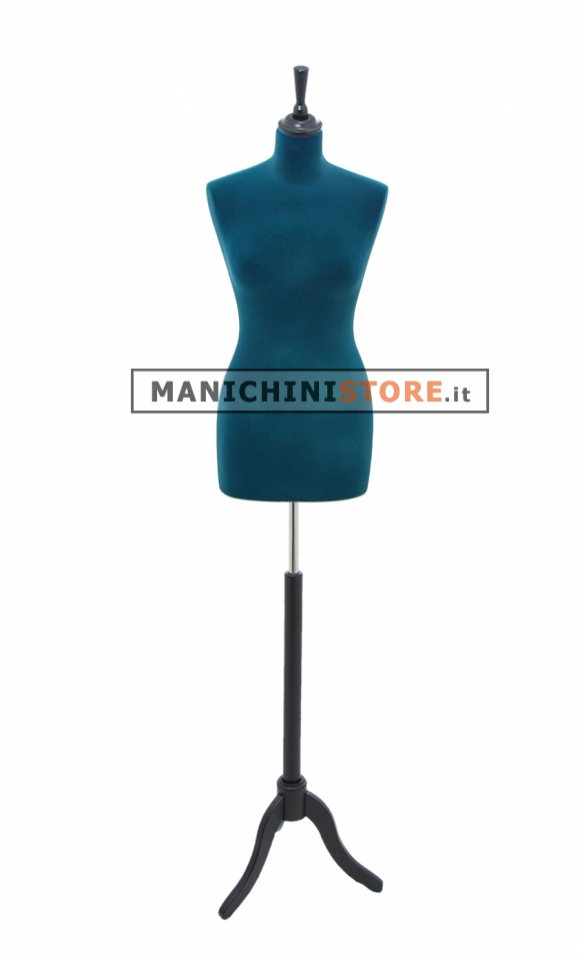 Female tailor bust in blue velvet with black tripod base