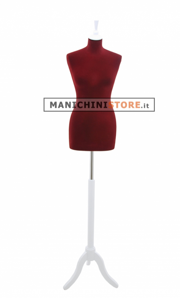 Female tailor bust in dark red velvet with white tripod