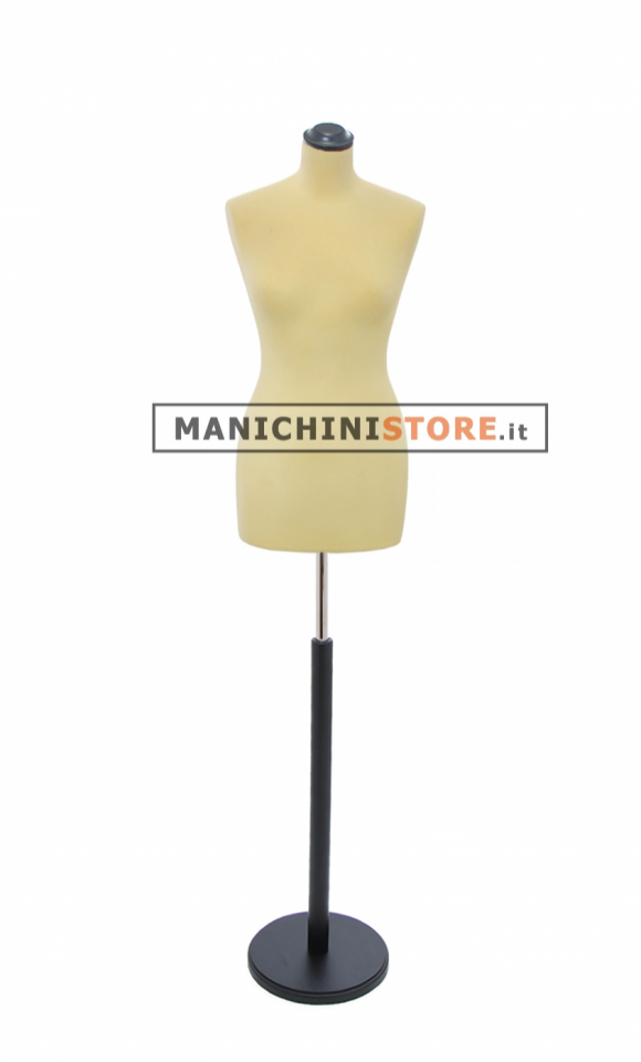 Female tailor bust in yellow velvet with round black base