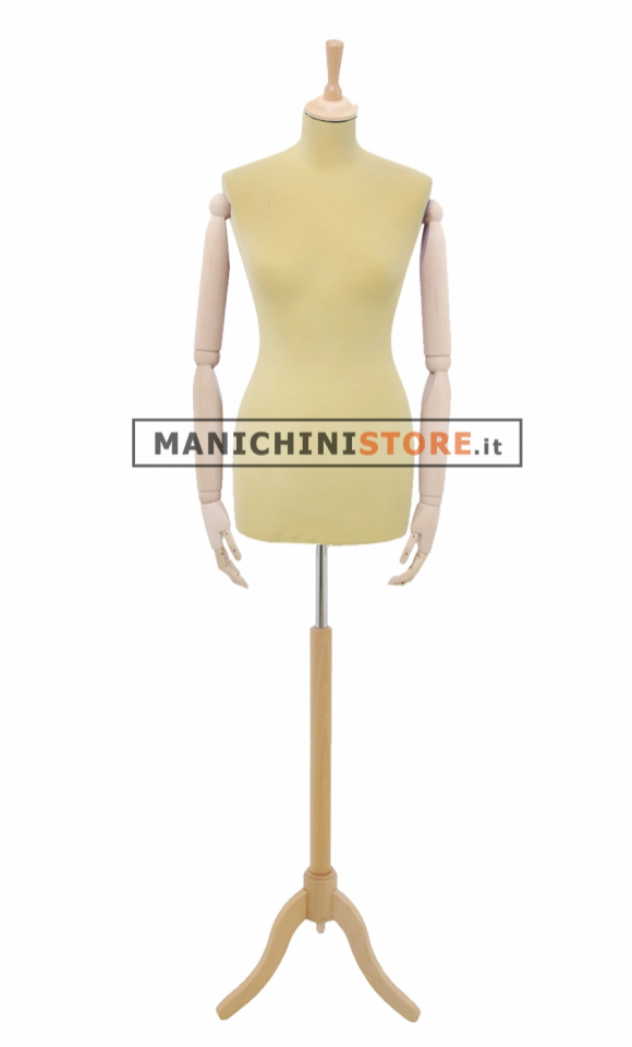 Female tailor bust in yellow velvet with arms and ash tree tripod base