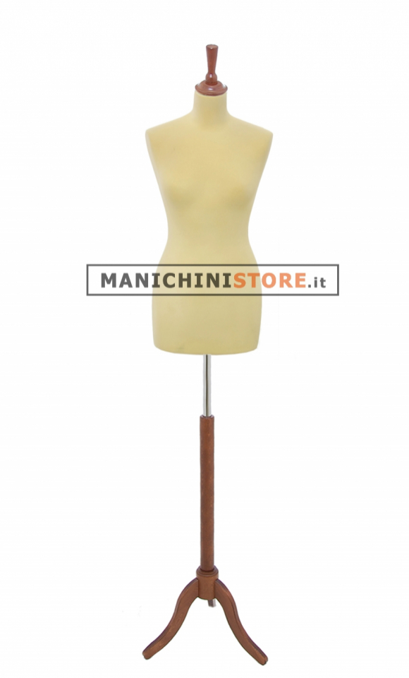 Female tailor bust in yellow velvet with walnut tripod base