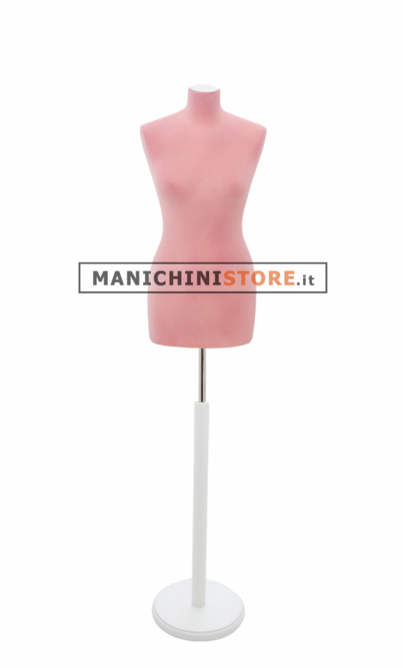 Female tailor bust in pink velvet with round white base