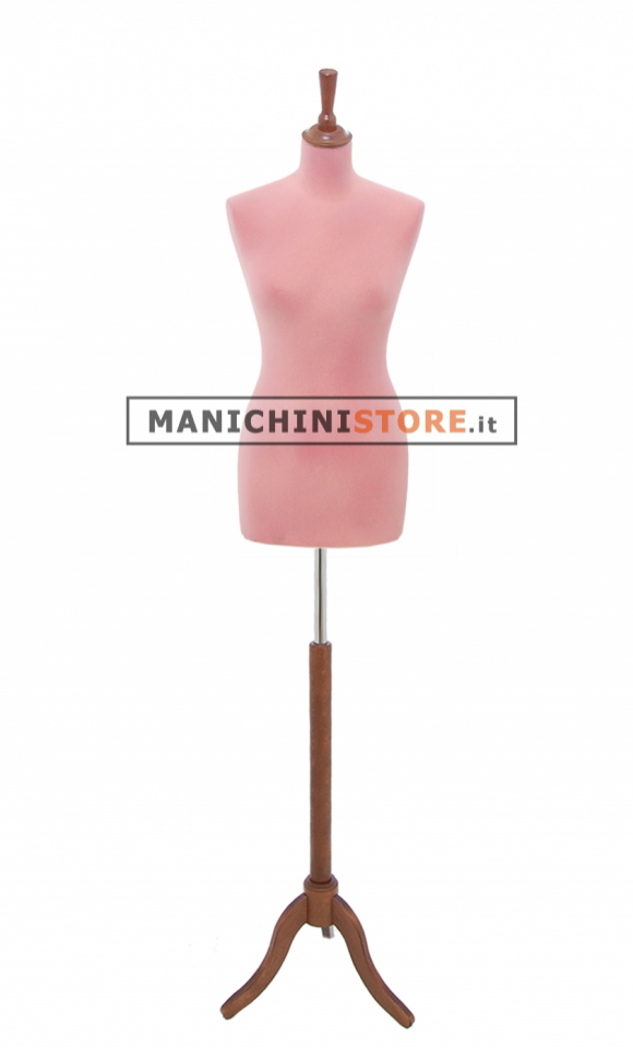 Female tailor bust in pink velvet with walnut tripod base