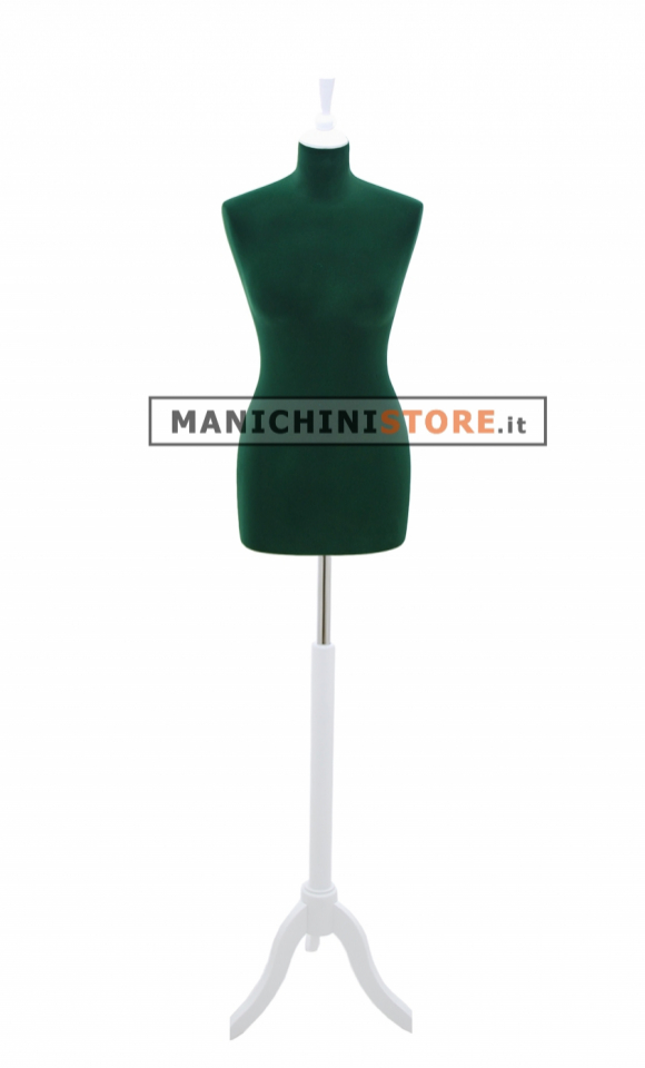 Female tailor bust in green velvet with white tripod base