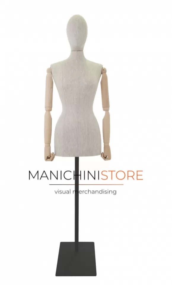 Busto donna in lino con braccia legno e base rettangolare nera