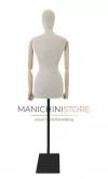 Busto donna in lino con braccia legno e base rettangolare nera