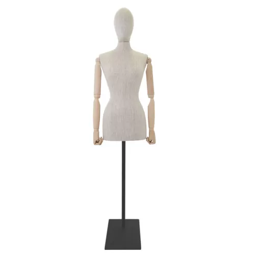 Busto donna in lino con braccia legno e base rettangolare nera