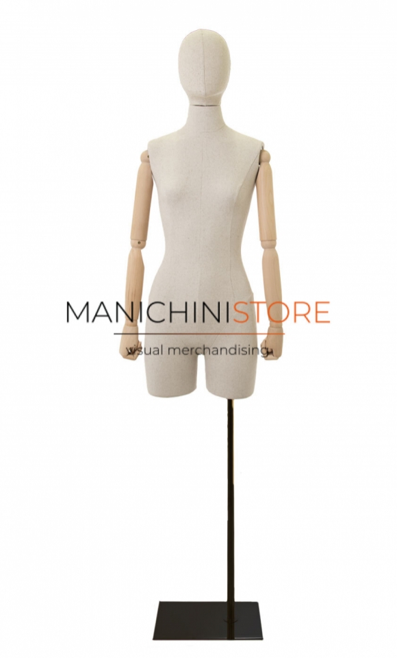 Linen female bust with half leg, wooden arms and black base