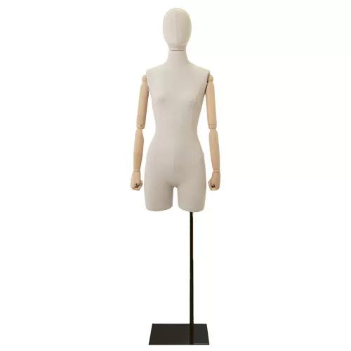 Busto donna in lino con mezza gamba, braccia legno e base nera