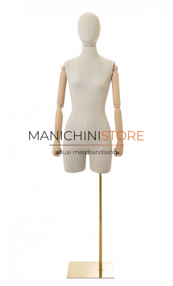 Linen female bust with half leg, wooden arms and golden base