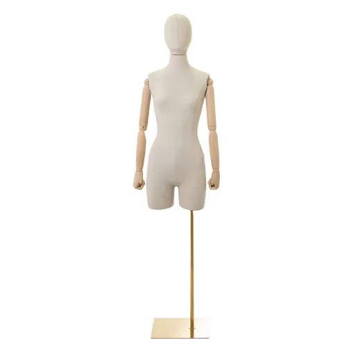 Busto donna in lino con mezza gamba, braccia legno e base oro