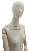 Busto donna in lino con testa stilizzata, braccia legno e base cromata