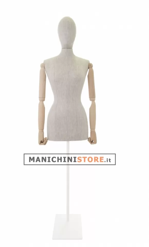 Busto donna in lino con braccia legno e base rettangolare bianca