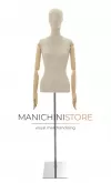 Busto donna in lino con testa stilizzata, braccia legno e base cromata