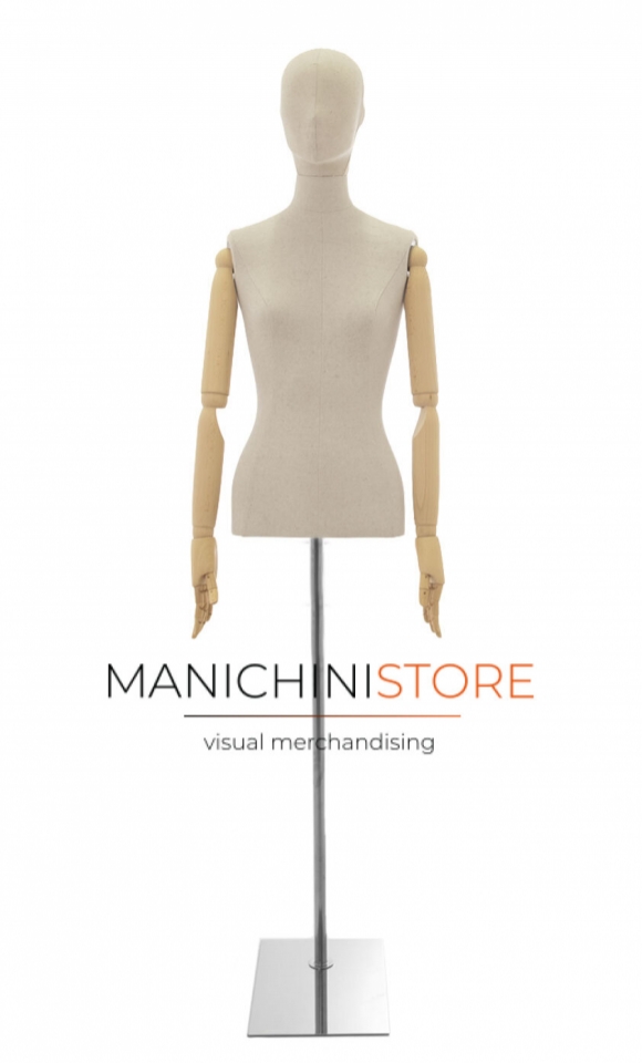 Linen female bust with stylized head, wooden arms and chrome base