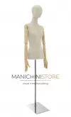 Busto donna in lino con testa stilizzata, braccia legno e base cromata
