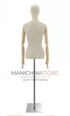 Busto donna in lino con testa stilizzata, braccia legno e base cromata